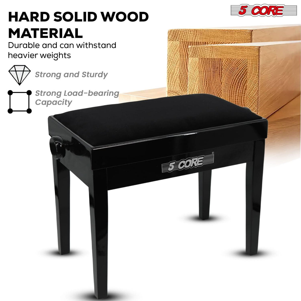 5 Core Adjustable Piano Bench Thick 3.25" Solid Wood Keyboard Stool Heavy Duty Musician Chair