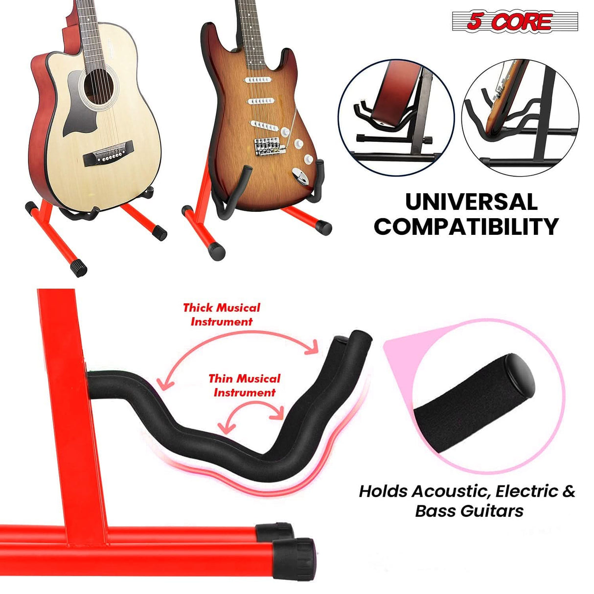 5 Core Guitar Stand A Frame Shape w Soft Foam Arm Non Slip Rubber for Acoustic Electric Bass Ukulele