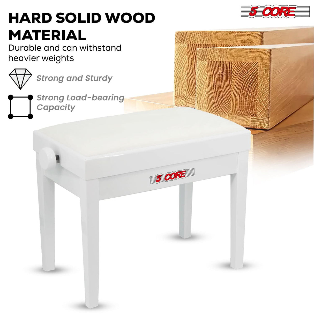 5 Core Adjustable Piano Bench Thick 3.25" Solid Wood Keyboard Stool Heavy Duty Musician Chair