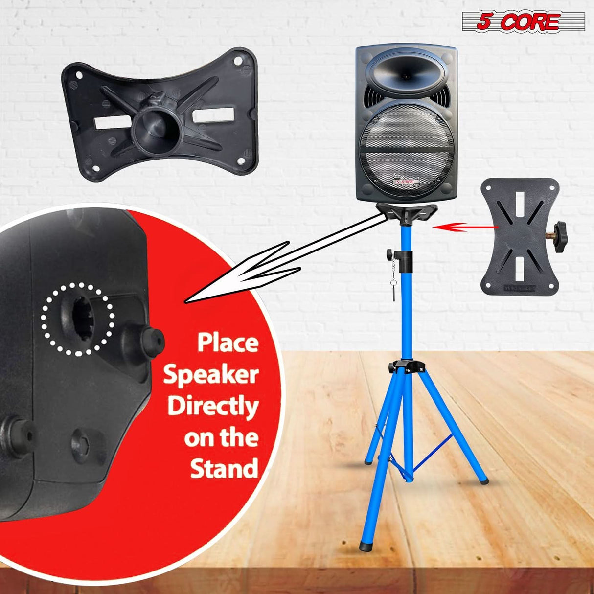 Low-profile 5Core speaker stand in sky blue with stable tripod base