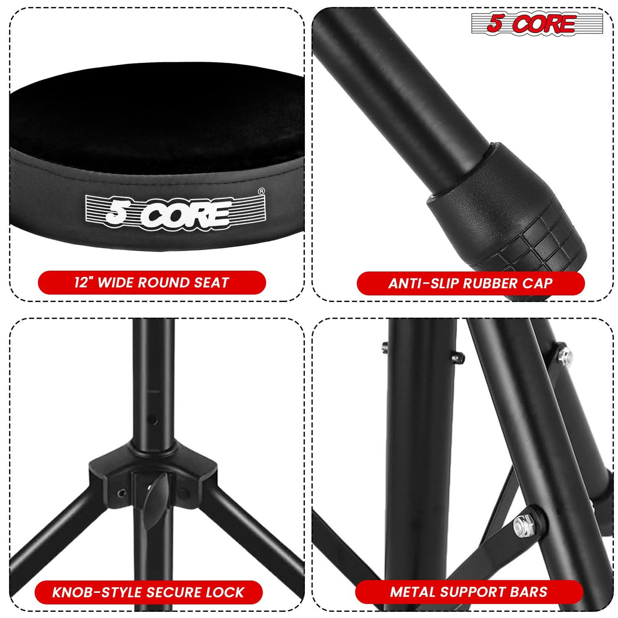 5 Core Drum Throne 3" Thick Padded Memory Foam Comfortable Drummer Stool 330Lb Capacity Adjustable