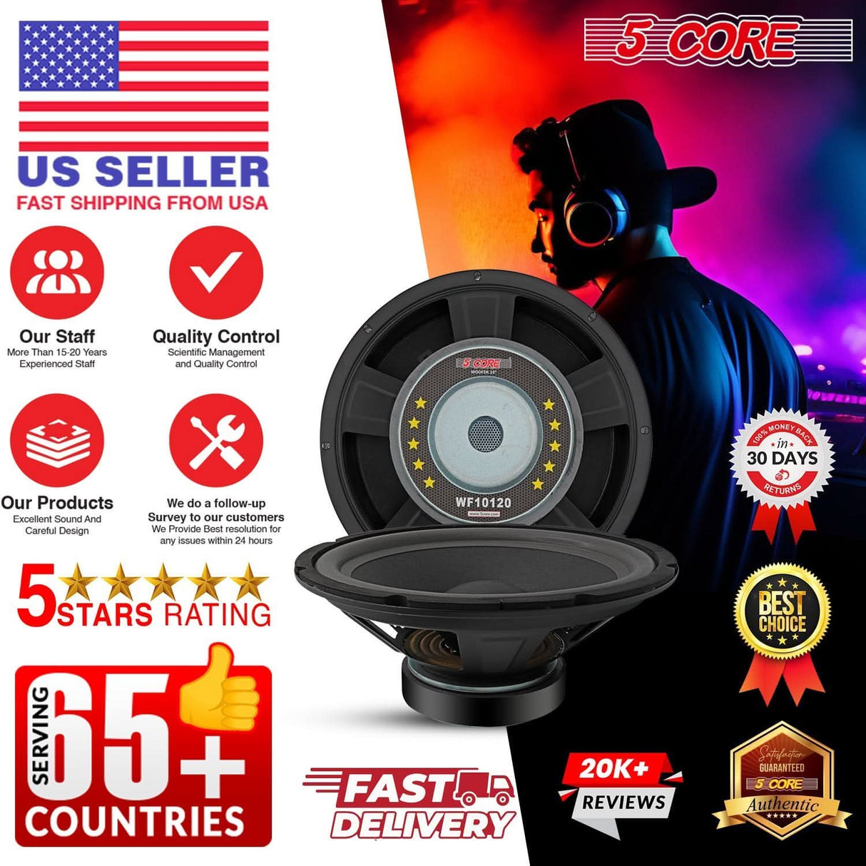 Crisp and punchy low frequencies with 5Core 10-inch subwoofer