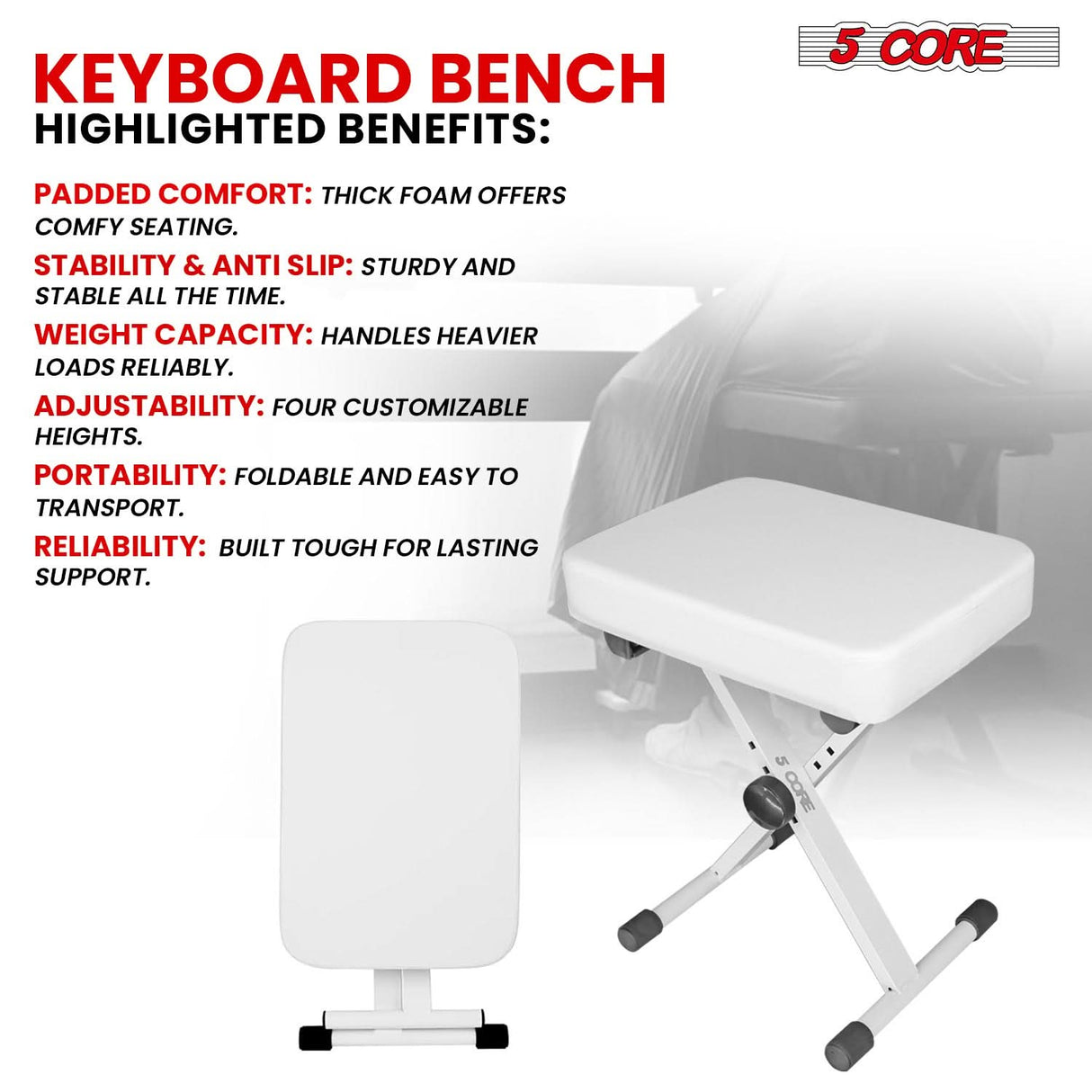 5 Core piano stool portable lightweight design folded view