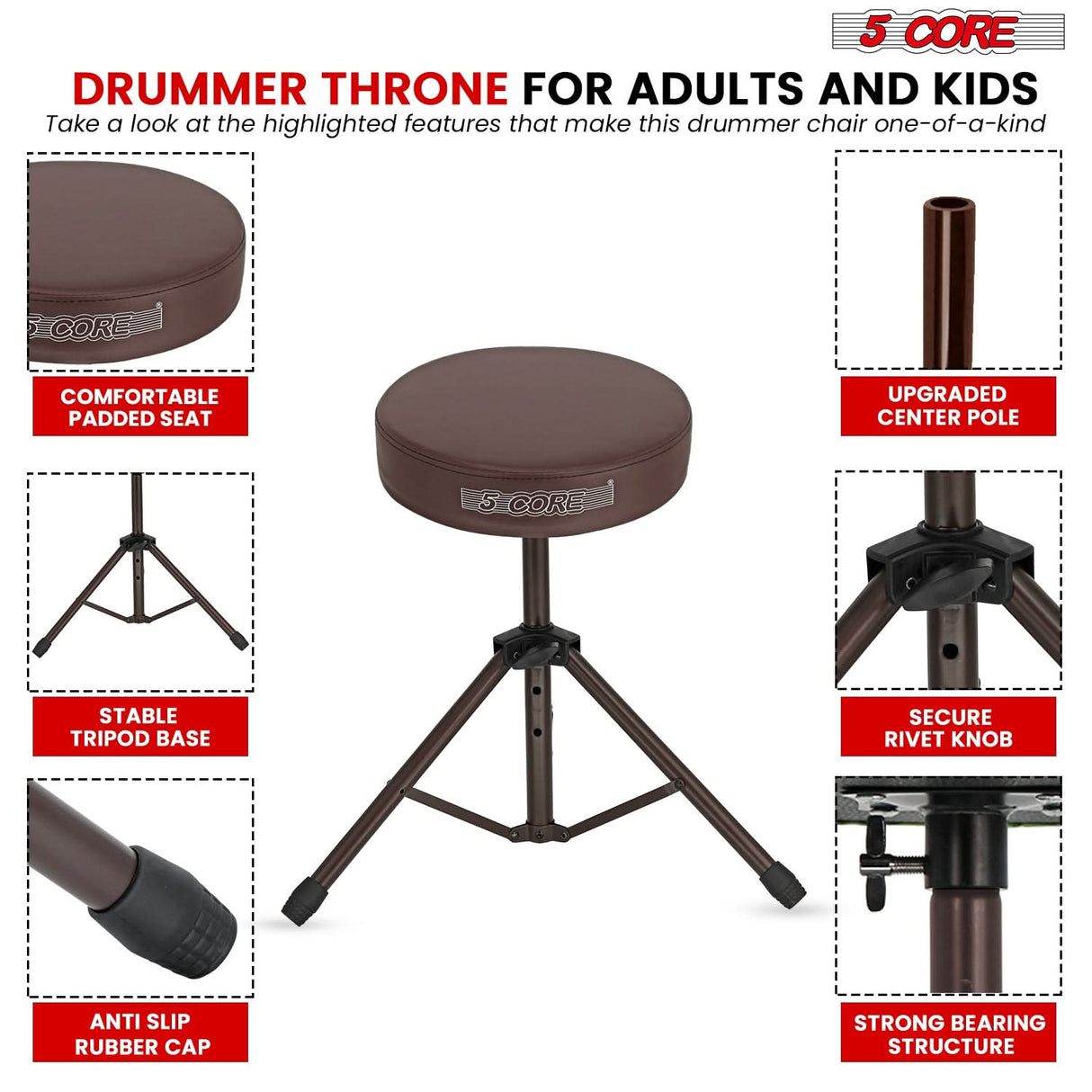 5 Core Drum Throne 3" Thick Padded Memory Foam Comfortable Drummer Stool 330Lb Capacity Adjustable