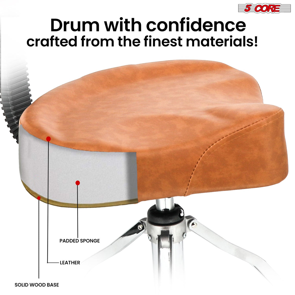 5Core Drum Throne 4" Cushion Padded Stool w Backrest Airlift Height Adjustable Chair w 441Lb Capcity