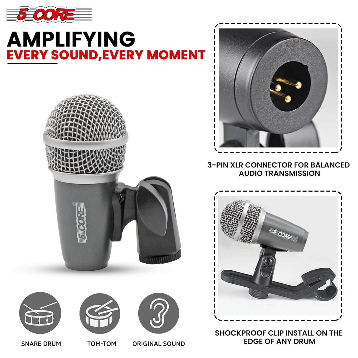 5Core XLR condenser microphone for drum kits in grey, perfect for toms