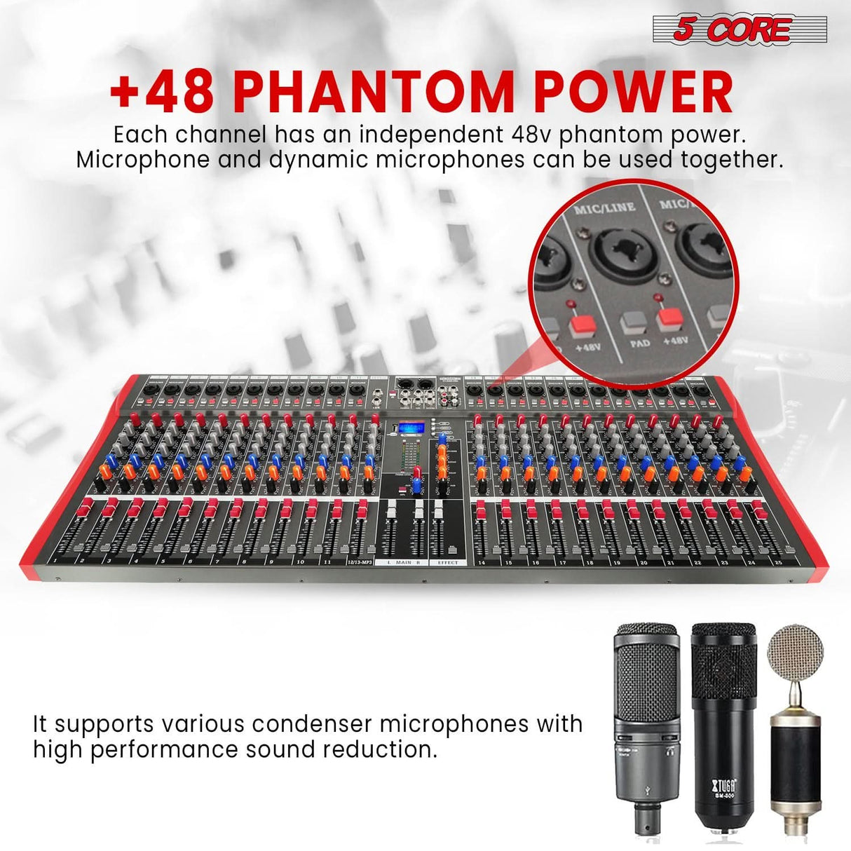 5Core professional audio mixing board, 24 channels with Bluetooth, USB, and analog for DJs
