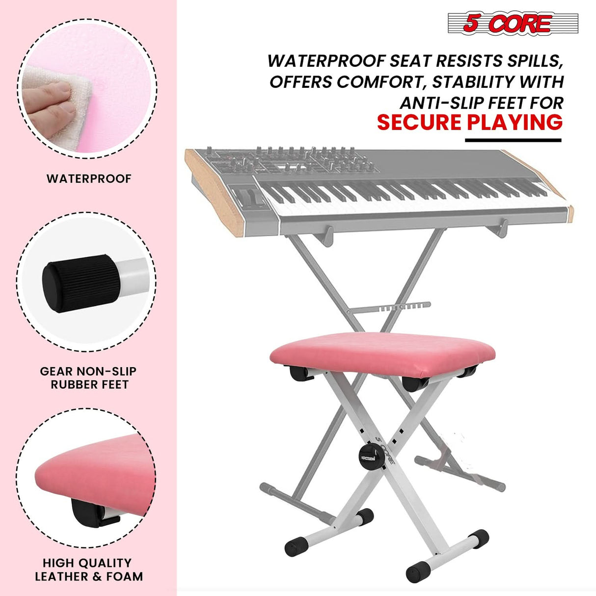 5 Core Keyboard Bench 2 Inch Padded Cushioned Piano Stool Height Adjustable 19" Guitar Seat Portable