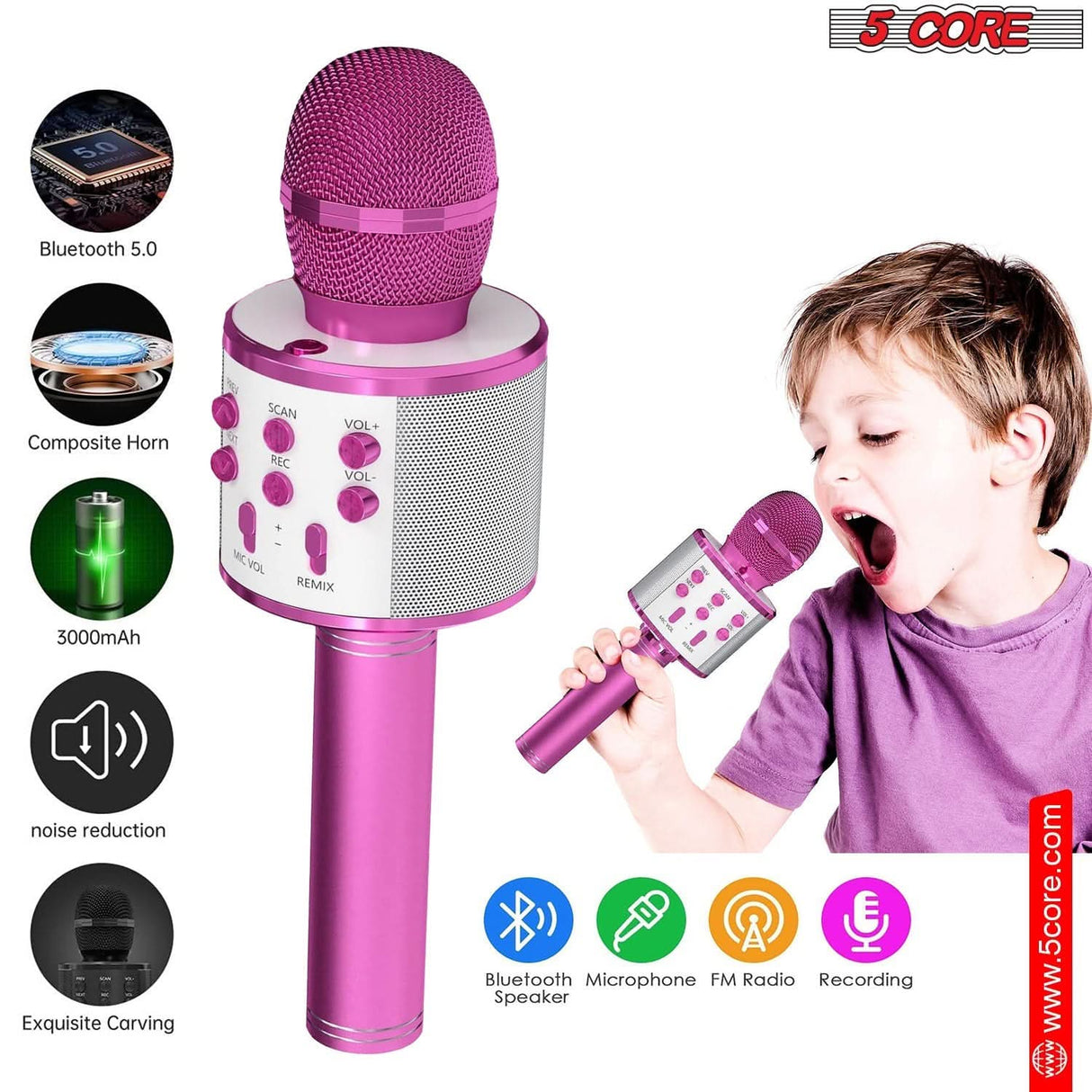 5 Core Bluetooth Wireless Karaoke Mic pink microphone head view