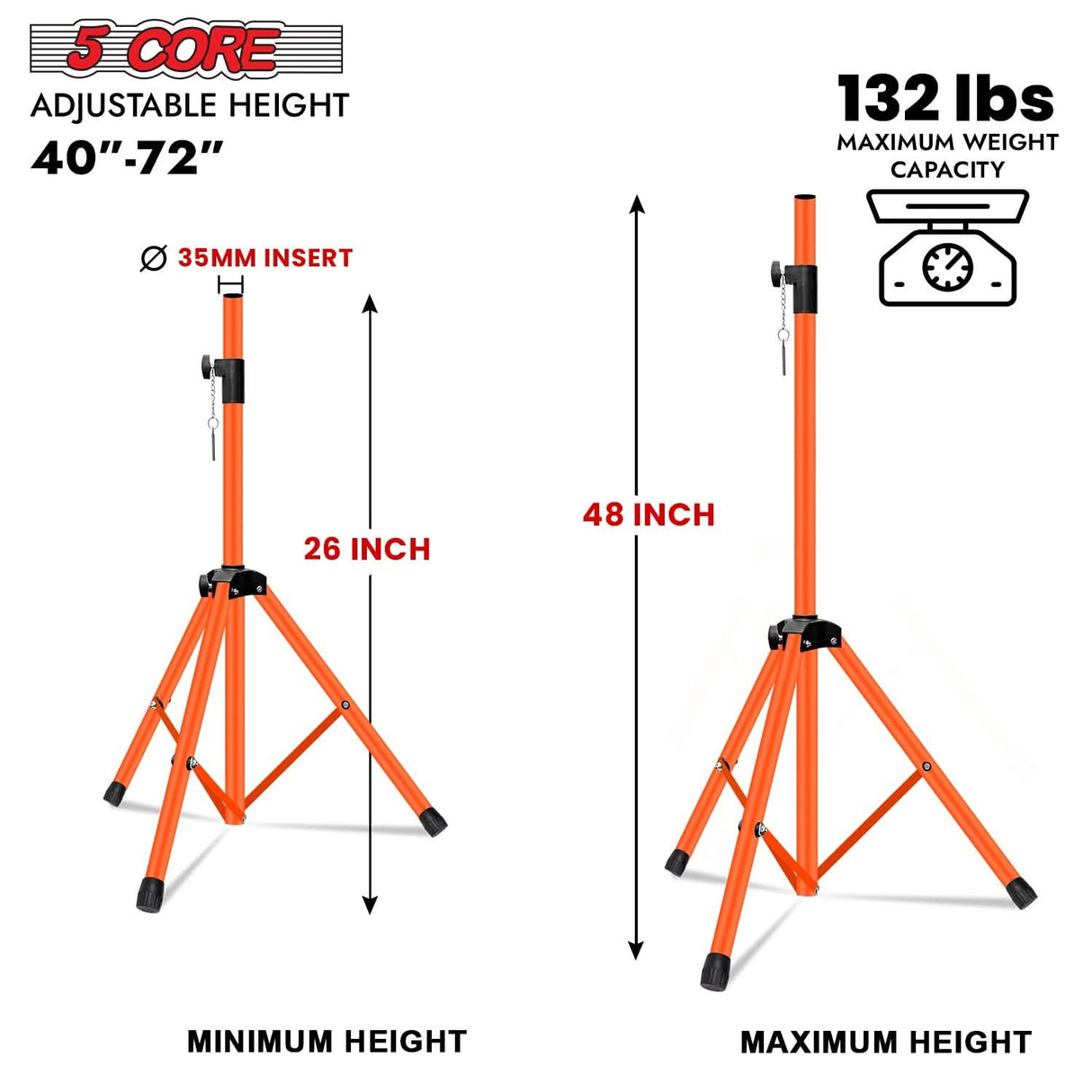 Professional orange monitor speaker stands by 5Core with 48 inch reach