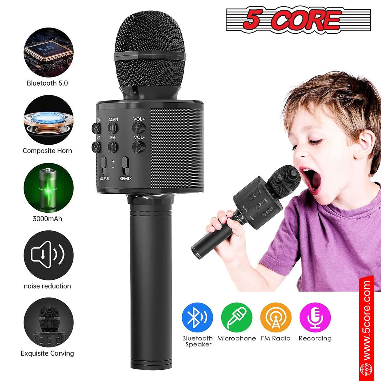 5 Core Bluetooth Karaoke Mic with Speaker grip handle view