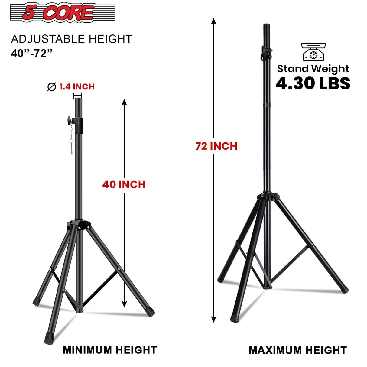 5Core Speaker Stand Tripod 2Pcs Tall Adjustable 72 Inch DJ Studio Monitor Stands Pole Mount