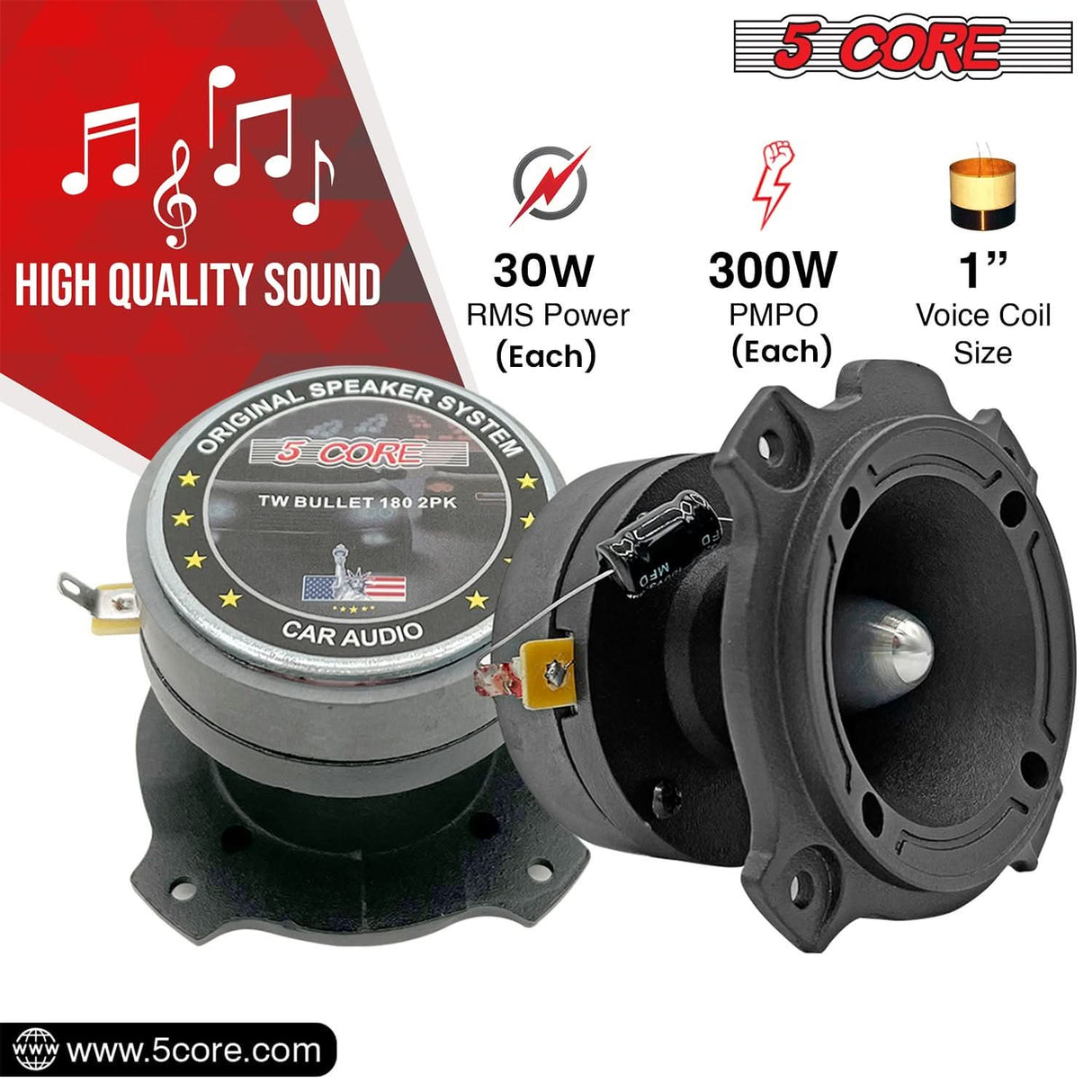5Core 6.5 inch midrange door speaker and 300W PMPO tweeters for rich sound quality
