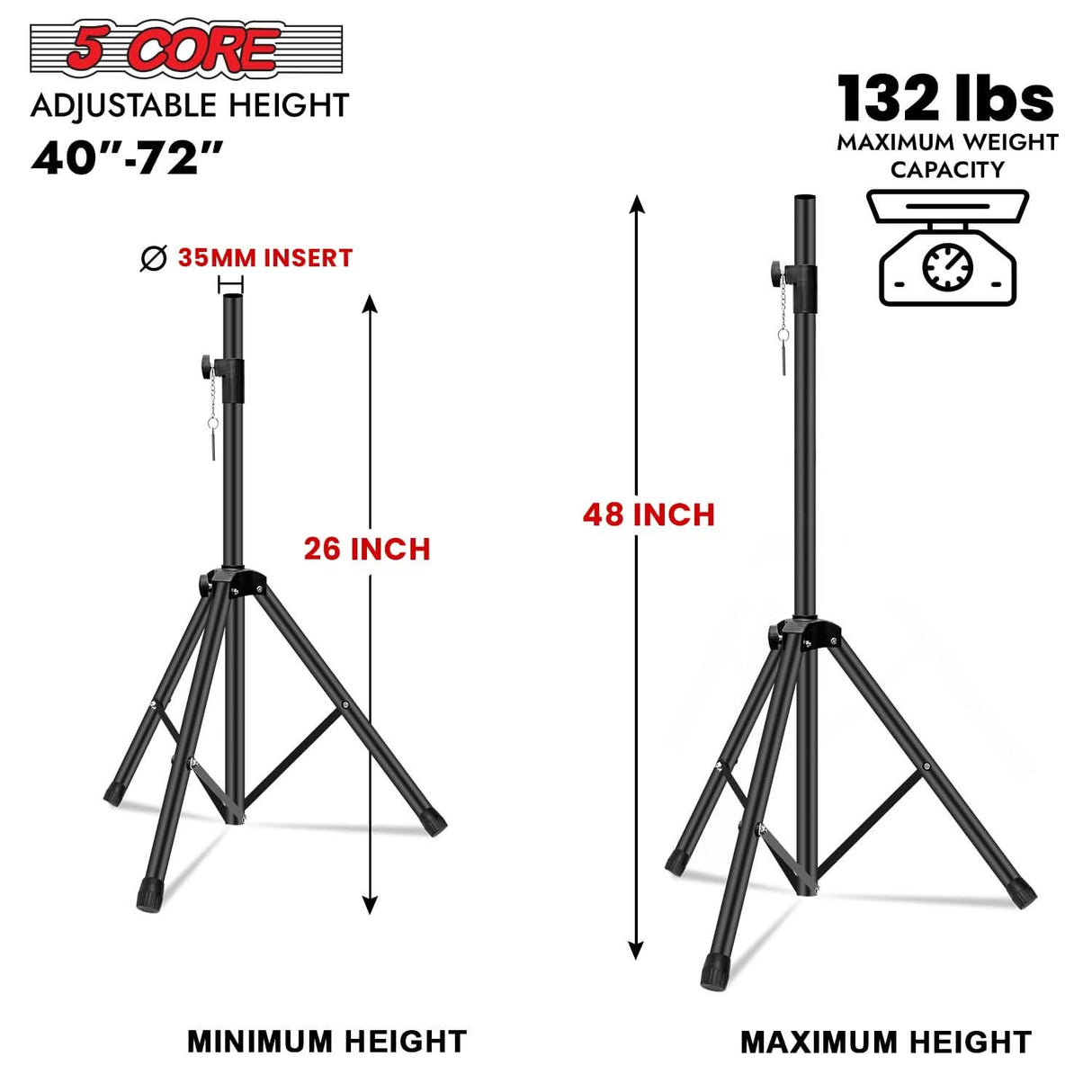 5Core black adjustable speaker stand, tripod, 48 inches, DJ studio monitor stands, pair