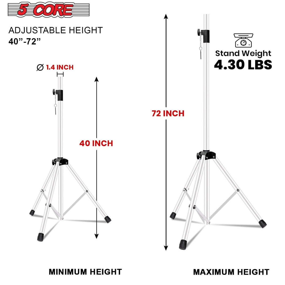5Core Speaker Stand Tripod 2Pcs Tall Adjustable 72 Inch DJ Studio Monitor Stands Pole Mount