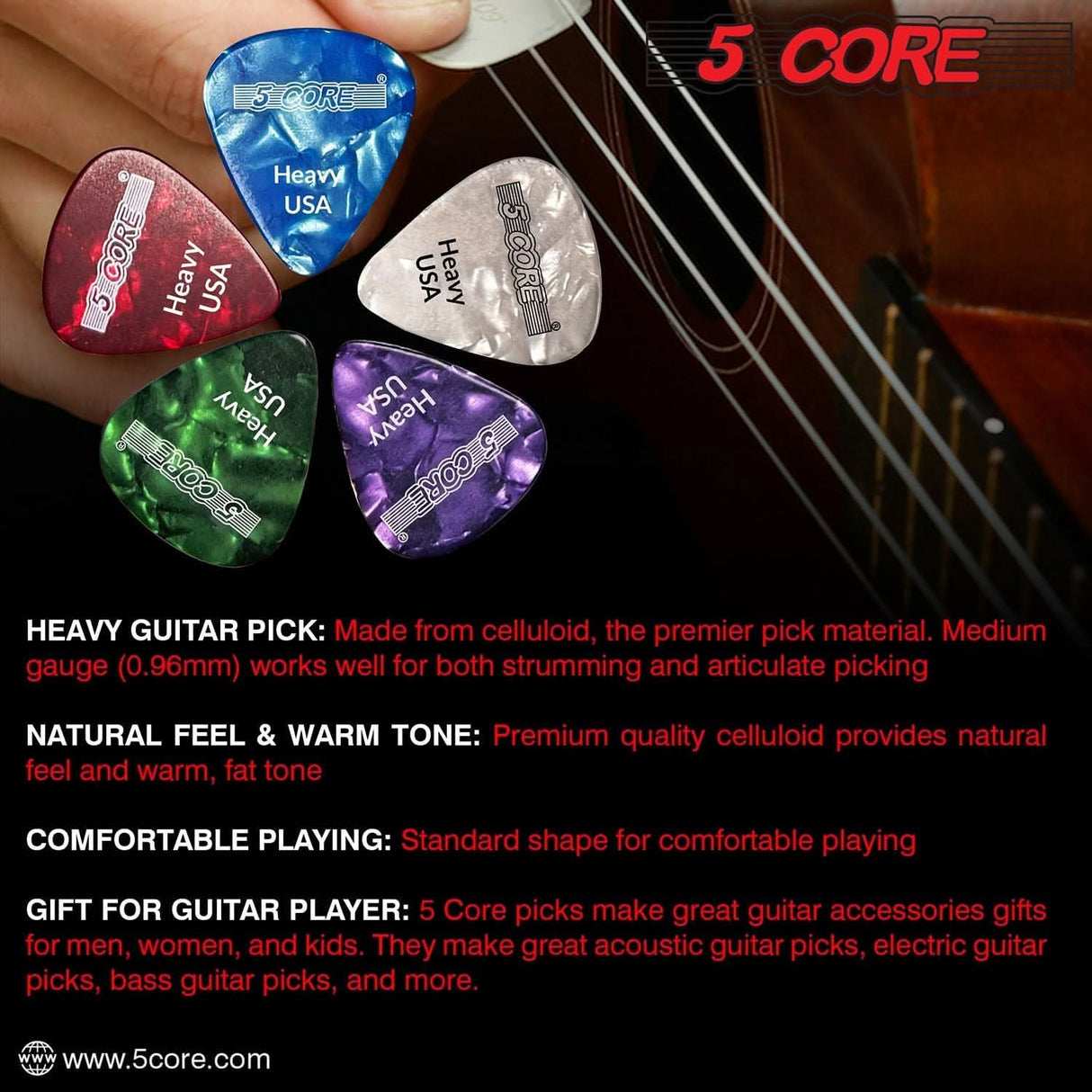 0.96mm purple celluloid guitar picks by 5Core for rich tone