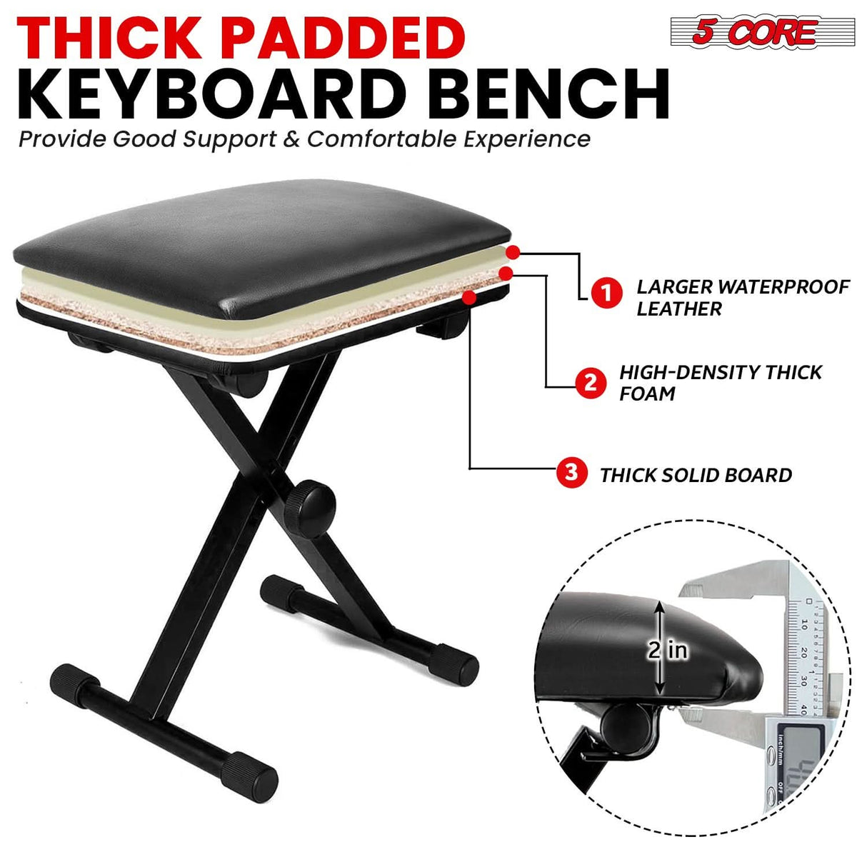 5 Core Keyboard Bench 2 Inch Padded Cushioned Piano Stool Height Adjustable 19" Guitar Seat Portable