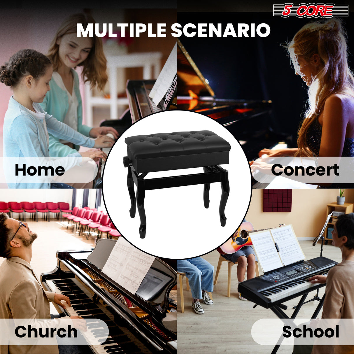 5 Core Piano Bench 3" Padded Cushioned Stool Wooden Heavy Duty Adjustable Musician Chair w Storage