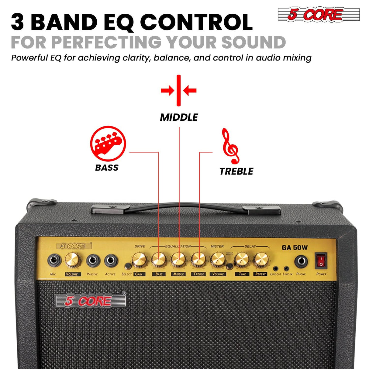 5 Core Guitar Amp 50 Watt Electric Amplifier w Built in 8" Speaker Portable Mini Amps w Aux
