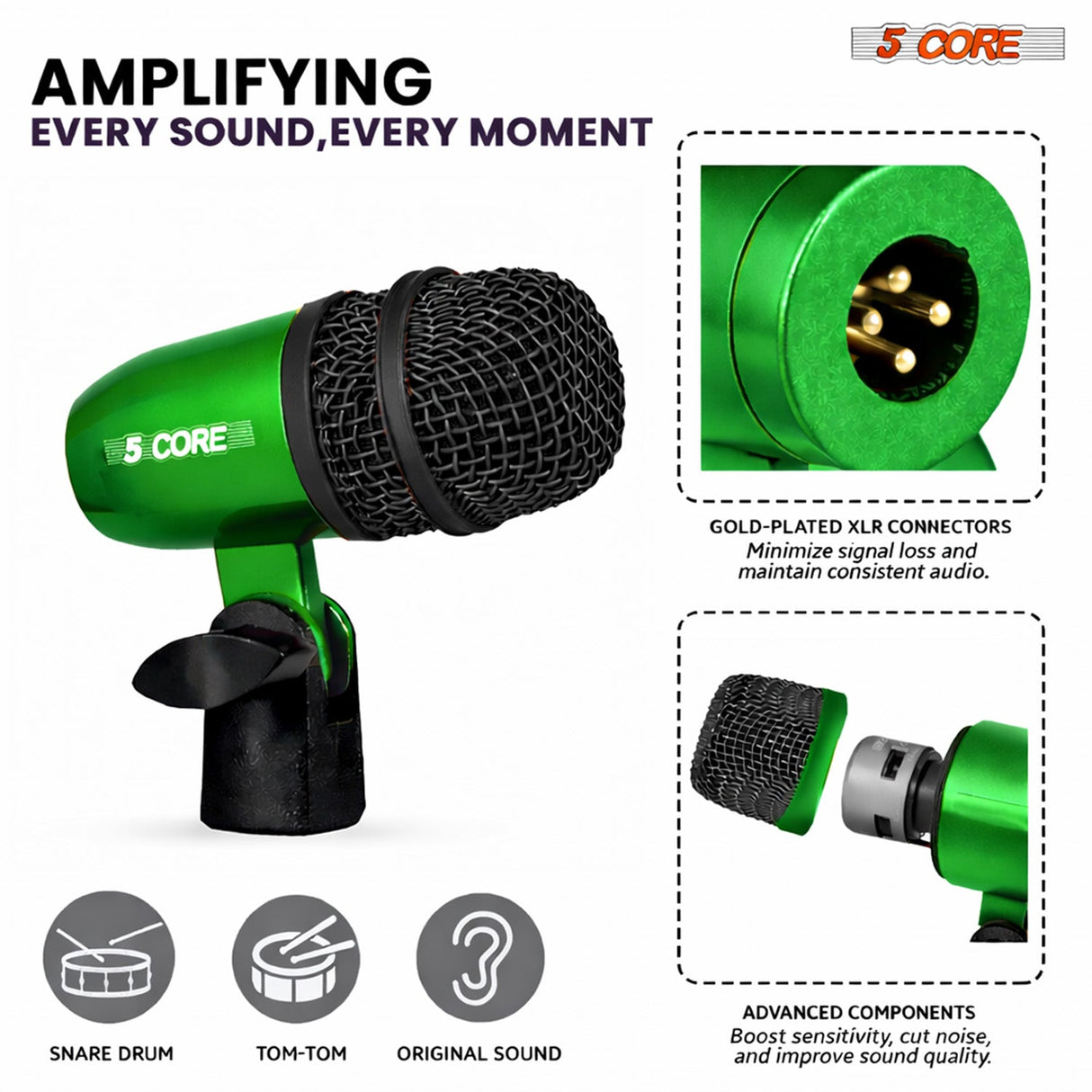 5 Core Conga Mic Snare Tom Set Professional XLR Cardioid Condenser Instrument Microphone Kit