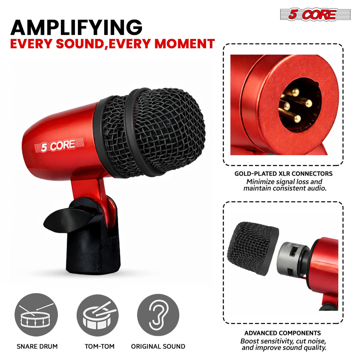 5 Core Conga Mic Snare Tom Set Professional XLR Cardioid Condenser Instrument Microphone Kit
