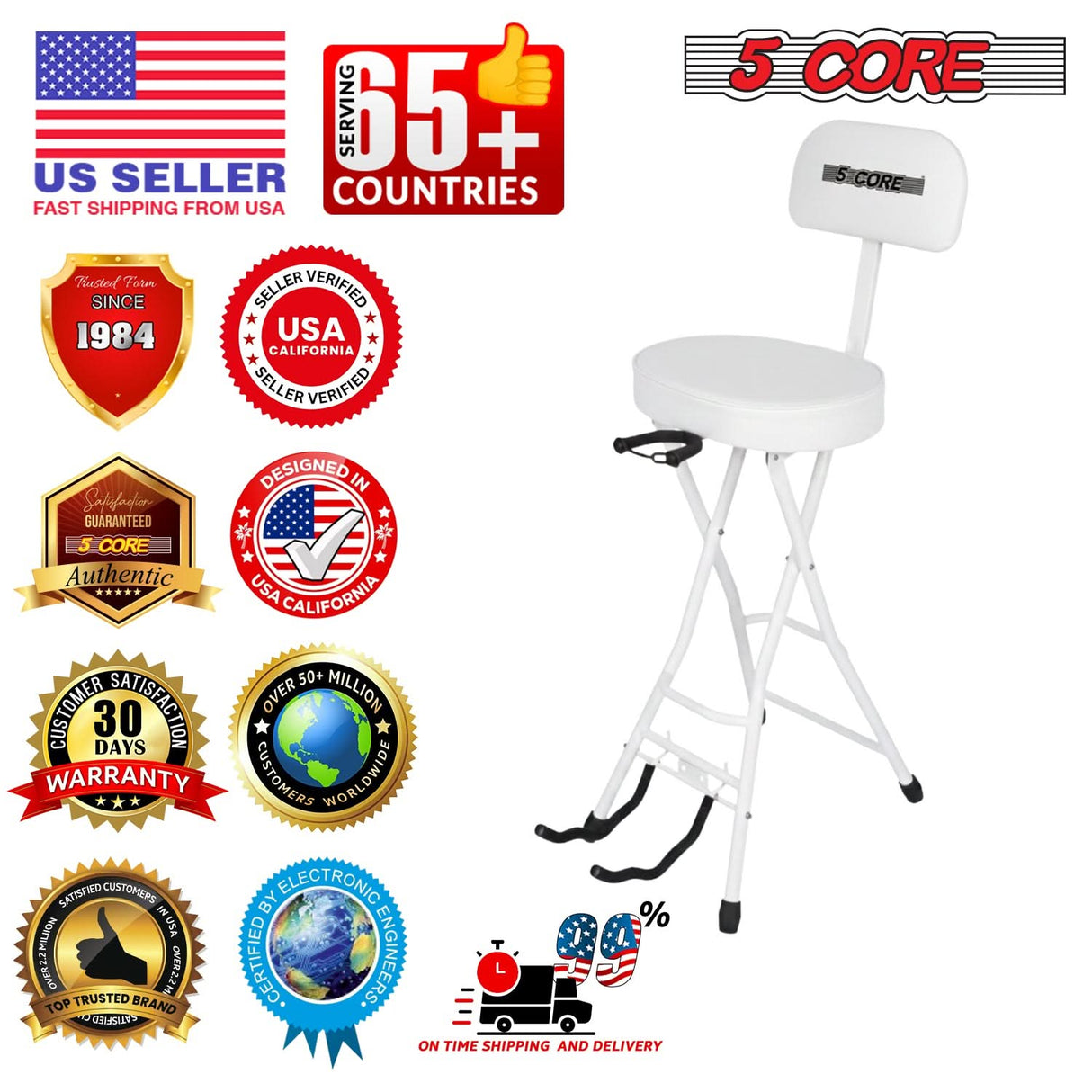5Core Guitar Stool 3.15" Padded Chair w Backrest Foldable Music Seat Built in Foot Rest Guitar Stand