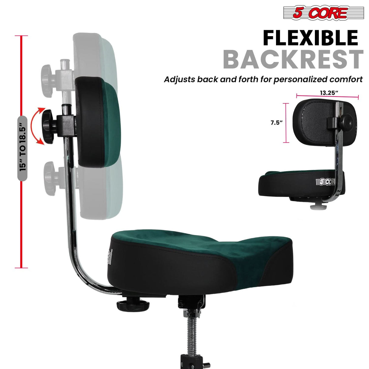 5 Core Drum Throne w Backrest 4" Padded Adjustable 26.5" Drummer Stool w Velvet Top 441Lb Capacity