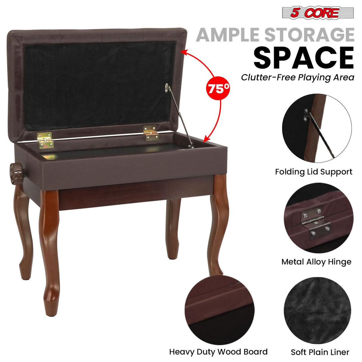 5 Core Piano Bench 3" Padded Cushioned Stool Wooden Heavy Duty Adjustable Musician Chair w Storage