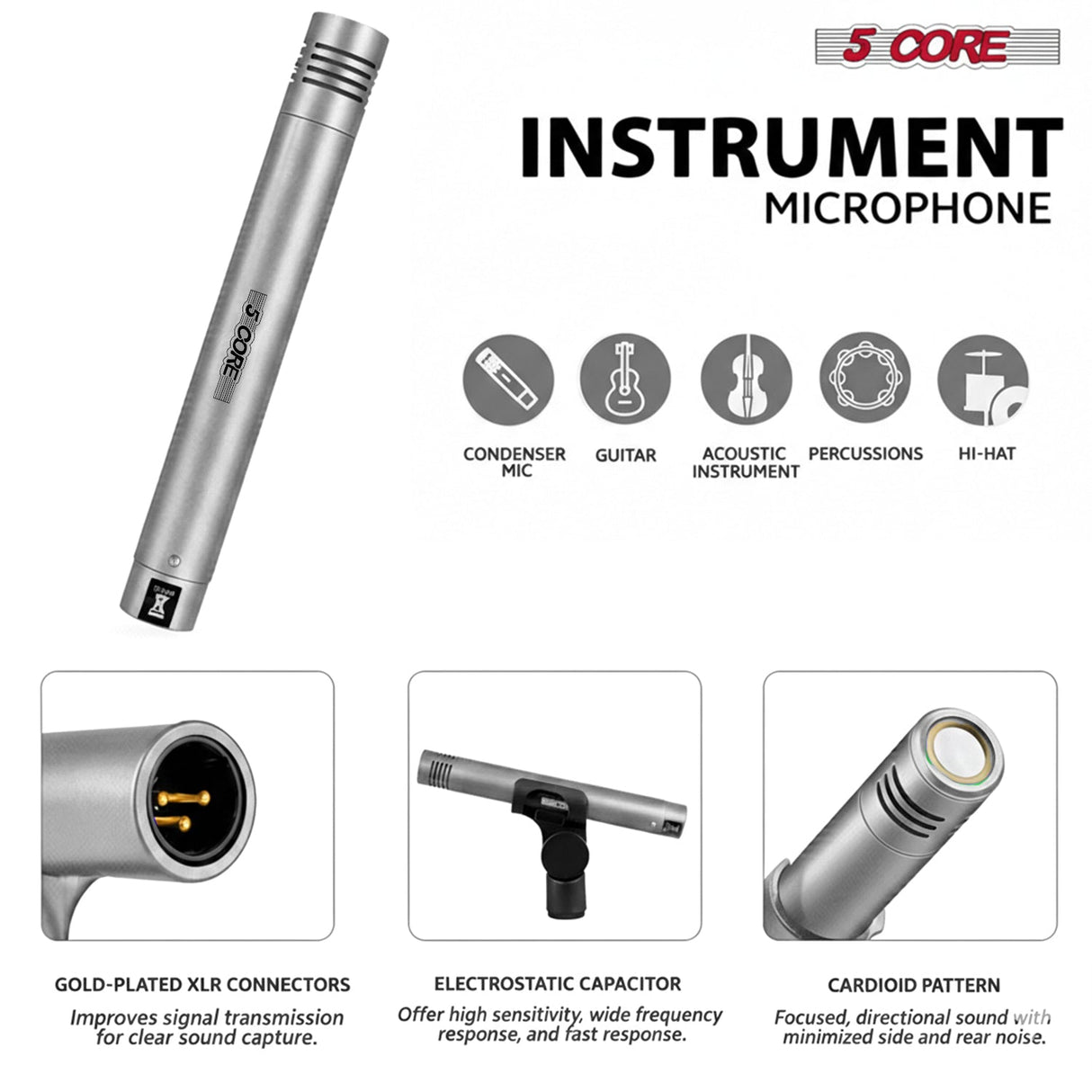 5 Core Conga Mic Snare Tom Set Professional XLR Cardioid Unidirectional Instrument Microphone Kit