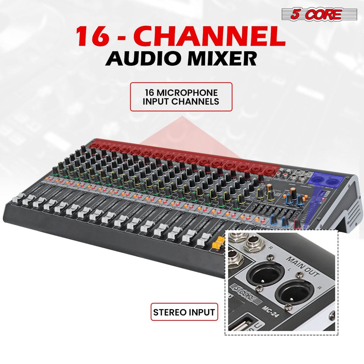 5Core Bluetooth 16-channel audio mixer with USB and professional analog DJ mixing interface