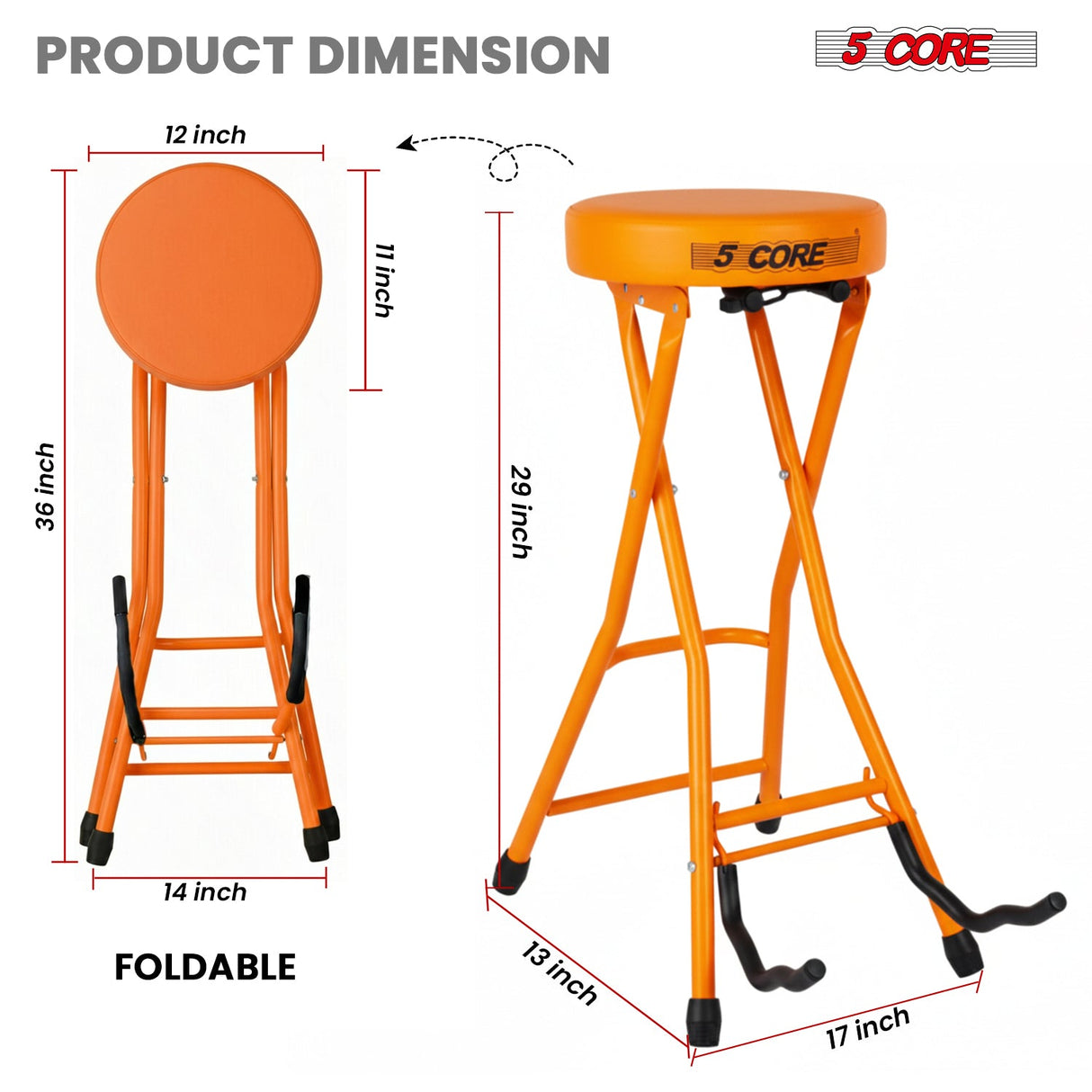 5Core Guitar Stool 3.15" Padded Chair Foldable Heavy Duty Music Seat Built in Foot Rest Guitar Stand
