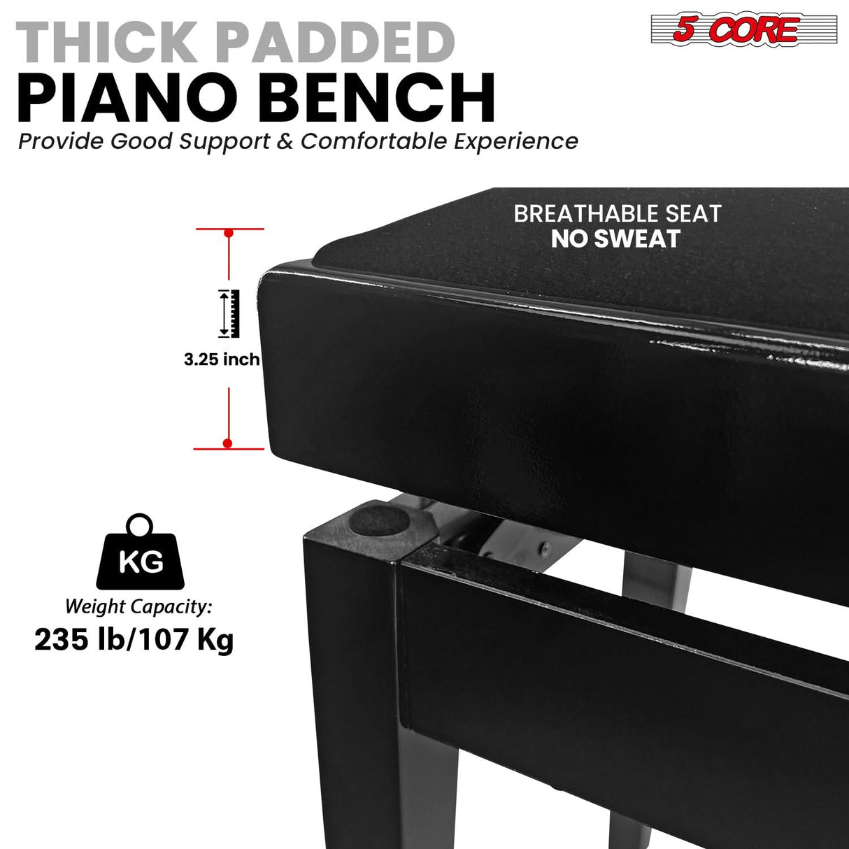 5 Core Adjustable Piano Bench Thick 3.25" Solid Wood Keyboard Stool Heavy Duty Musician Chair