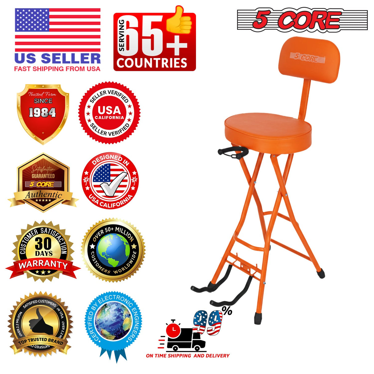 5Core Guitar Stool 3.15" Padded Chair w Backrest Foldable Music Seat Built in Foot Rest Guitar Stand