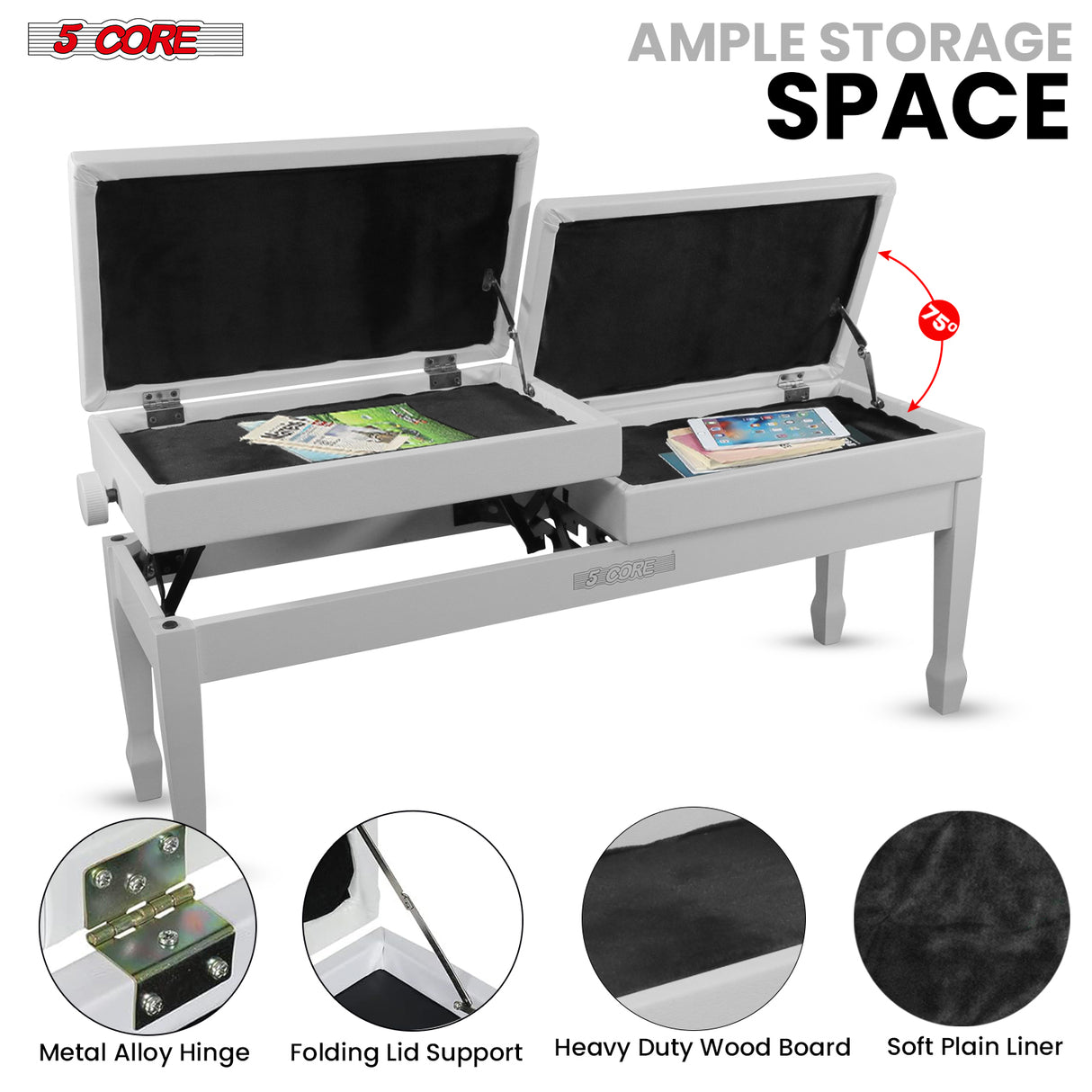5 Core Duet Piano Bench 3.5 Inch Padded Cushioned Stool Wooden Heavy Duty Musician Chair w Storage