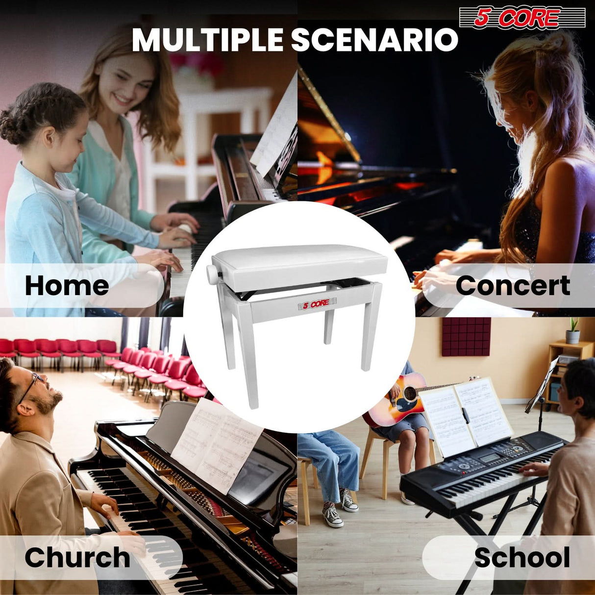5 Core Adjustable Piano Bench Thick 3.25" Solid Wood Keyboard Stool Heavy Duty Musician Chair