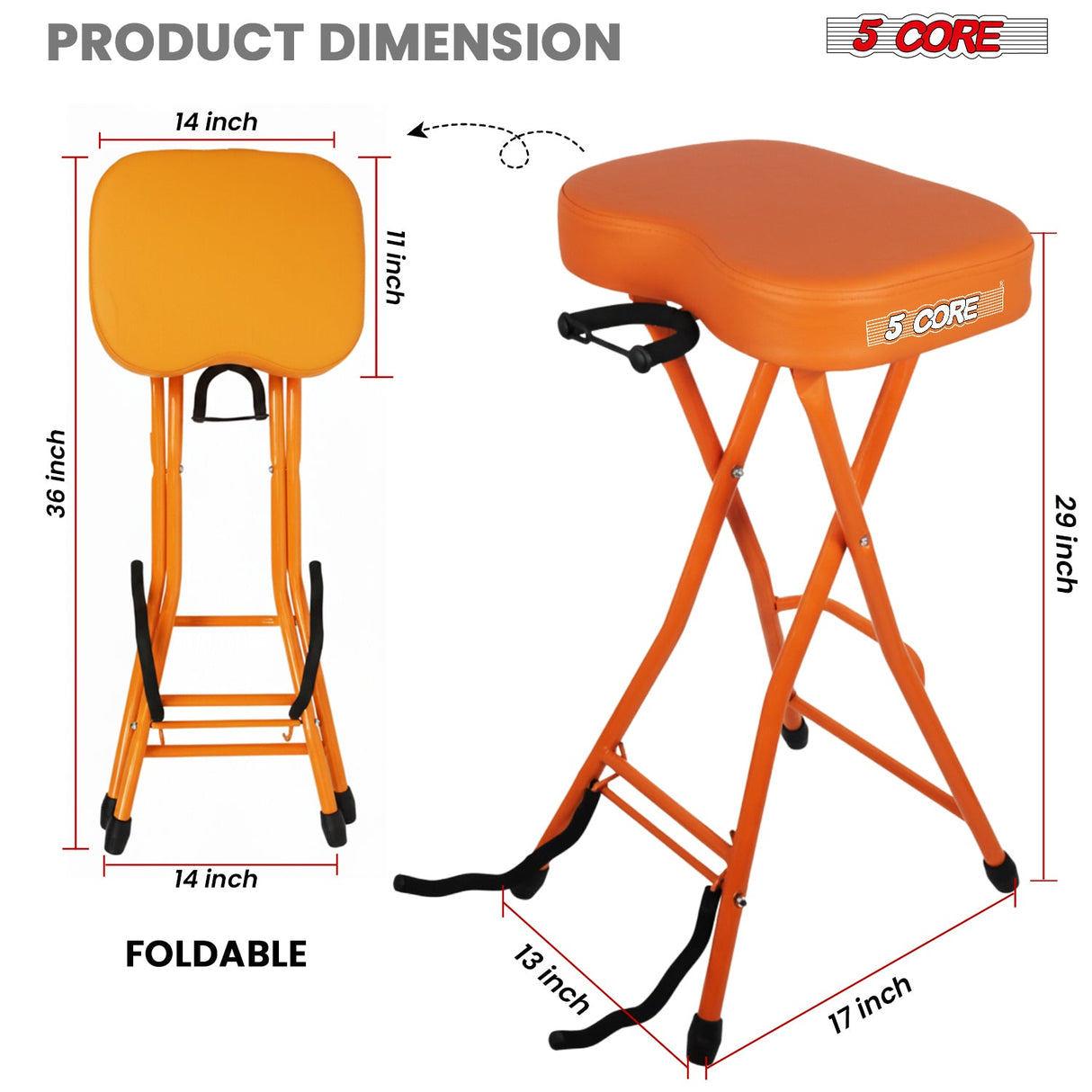 5Core Guitar Stool 3.15" Padded Chair Foldable Heavy Duty Music Seat Built in Foot Rest Guitar Stand