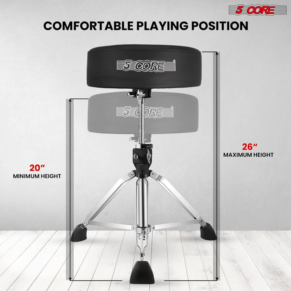 5Core black drum throne, padded adjustable guitar stool, for adults & kids, drummer seat