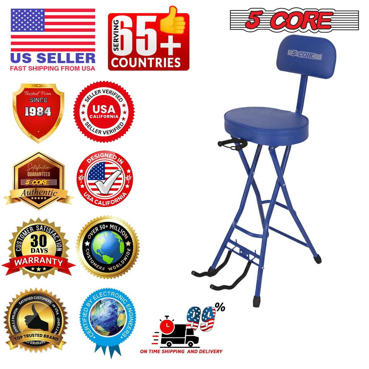 5Core Guitar Stool 3.15" Padded Chair w Backrest Foldable Music Seat Built in Foot Rest Guitar Stand