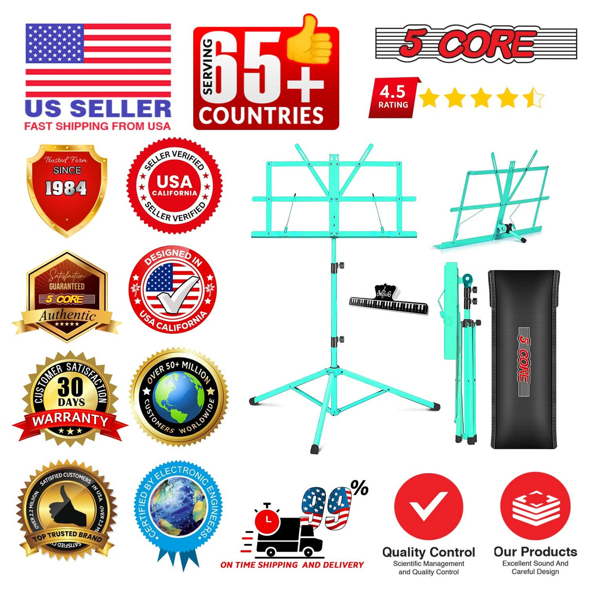5 Core Music Stand Adjustable 57" Desktop Book Stands Sheet Holder All Metal Portable Bookstand