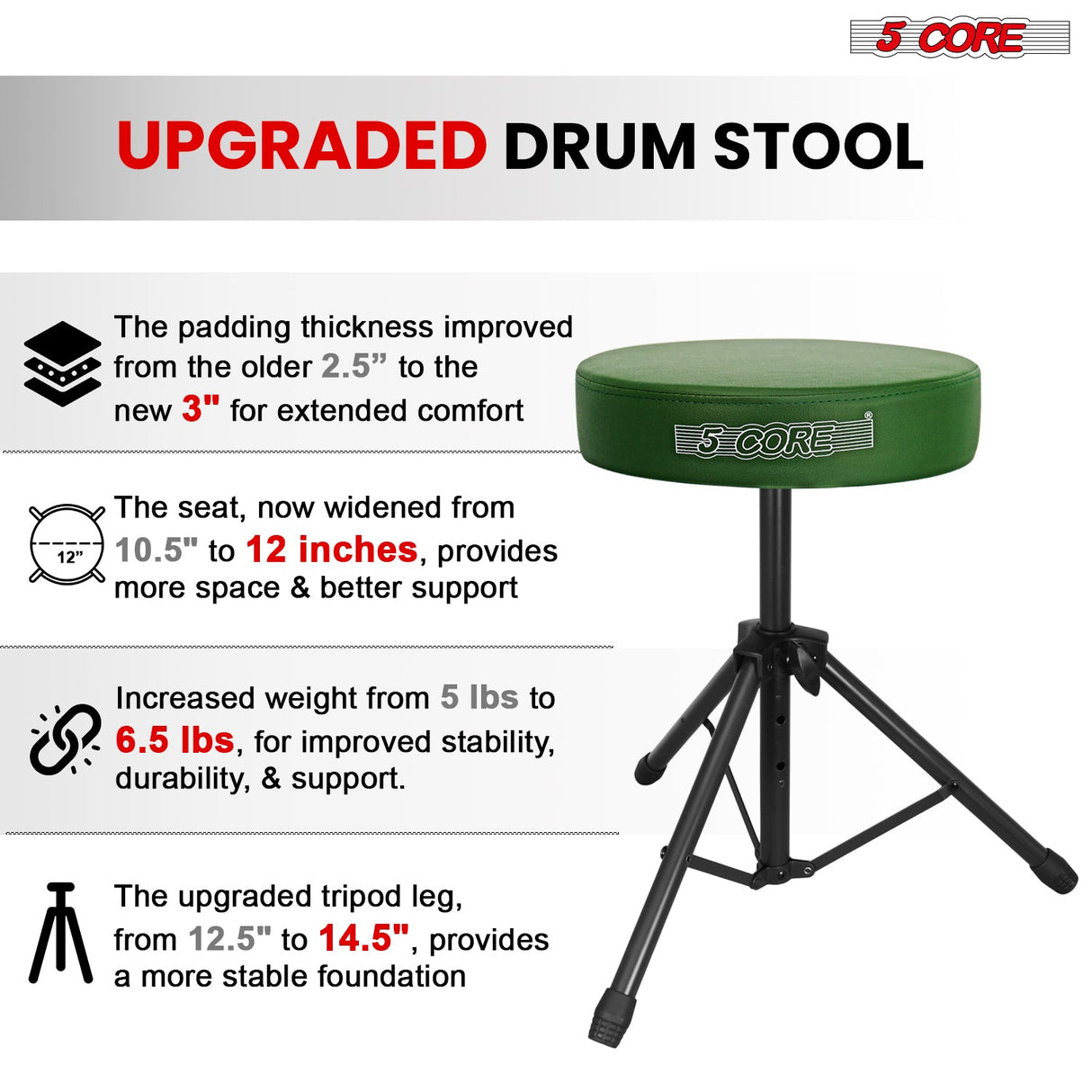 5 Core Drum Throne 3" Thick Padded Memory Foam Comfortable Drummer Stool 330Lb Capacity Adjustable