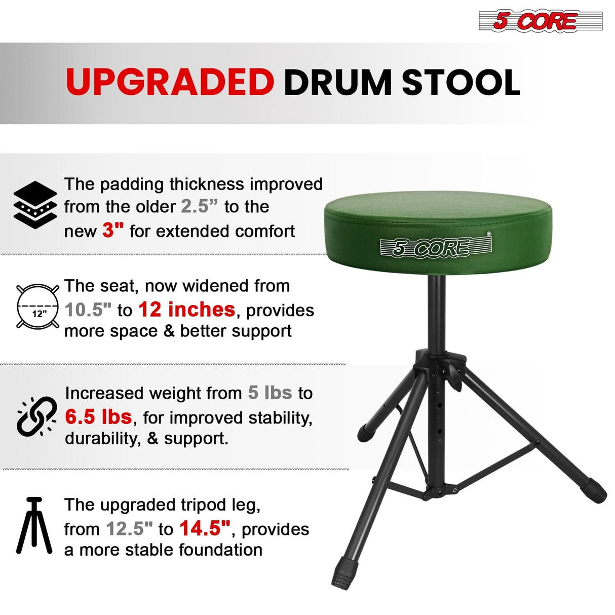 5 Core Drum Throne 3" Thick Padded Memory Foam Comfortable Drummer Stool 330Lb Capacity Adjustable
