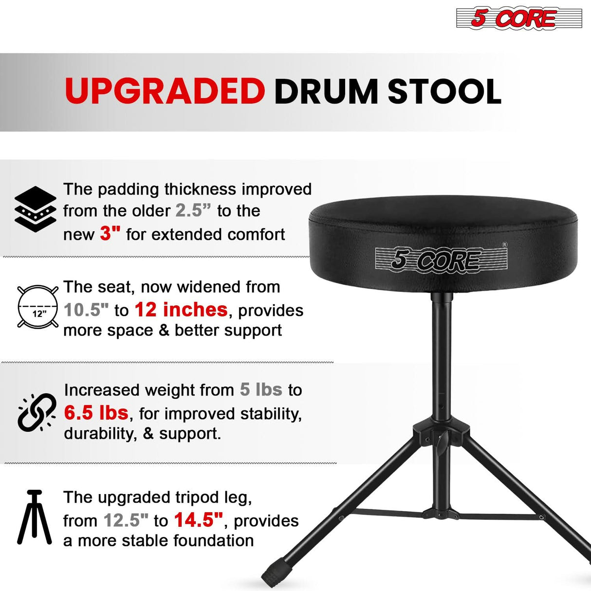 5 Core Drum Throne 3" Thick Padded Memory Foam Comfortable Drummer Stool 330Lb Capacity Adjustable