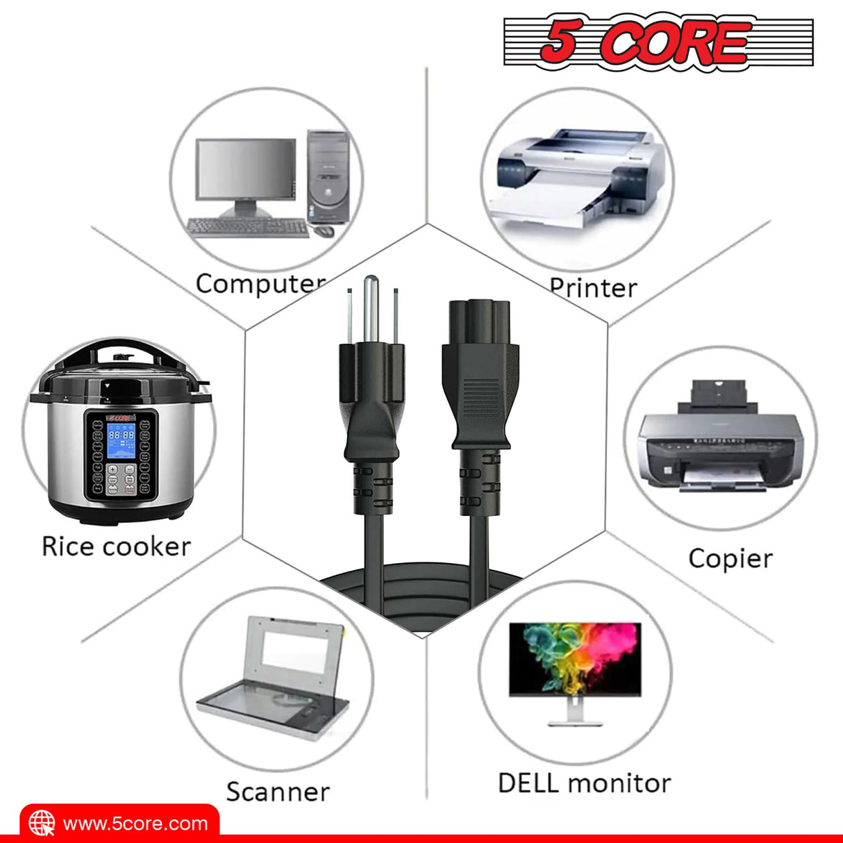 5Core AC Power Cord 3-Prong Safe Grounded Plug View