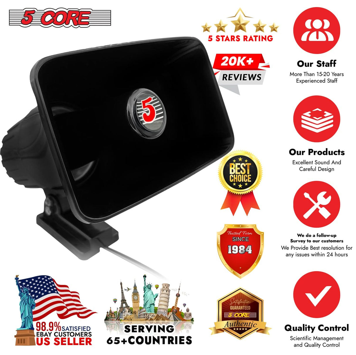 5 Core PA Speaker Pair 8 Inch 65W Bull Horn Loud Audio Outdoor Speakers System 8Ohm Reflex Megaphone