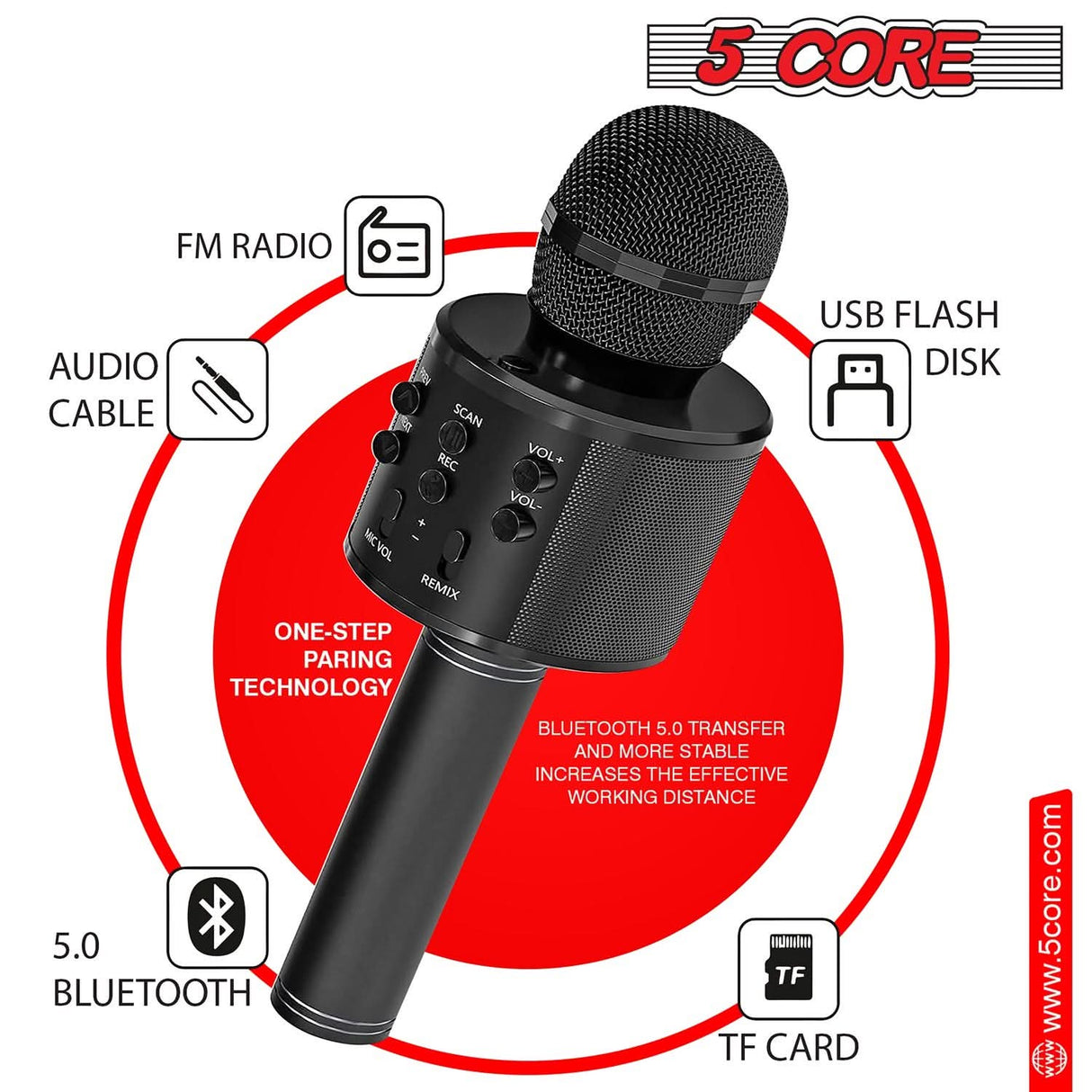 5 Core Wireless Microfono Inalambrico Karaoke Mic black detail view