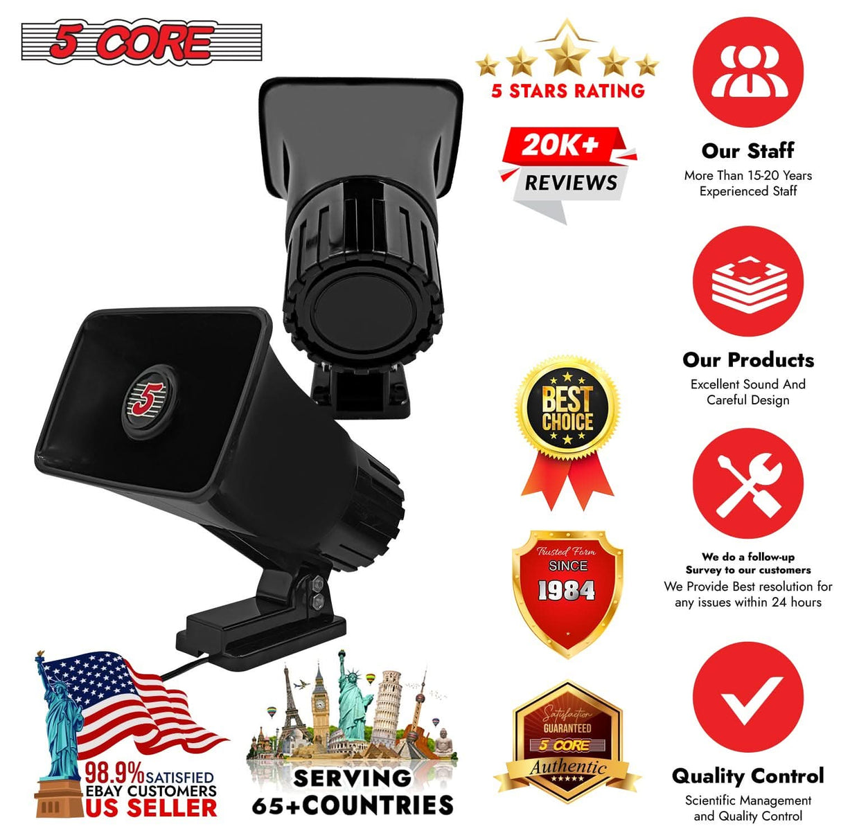 5 Core PA Speaker Pair 6 x 4" 50W Bull Horn Loud Audio Outdoor Speakers System 8Ohm Reflexย Megaphone