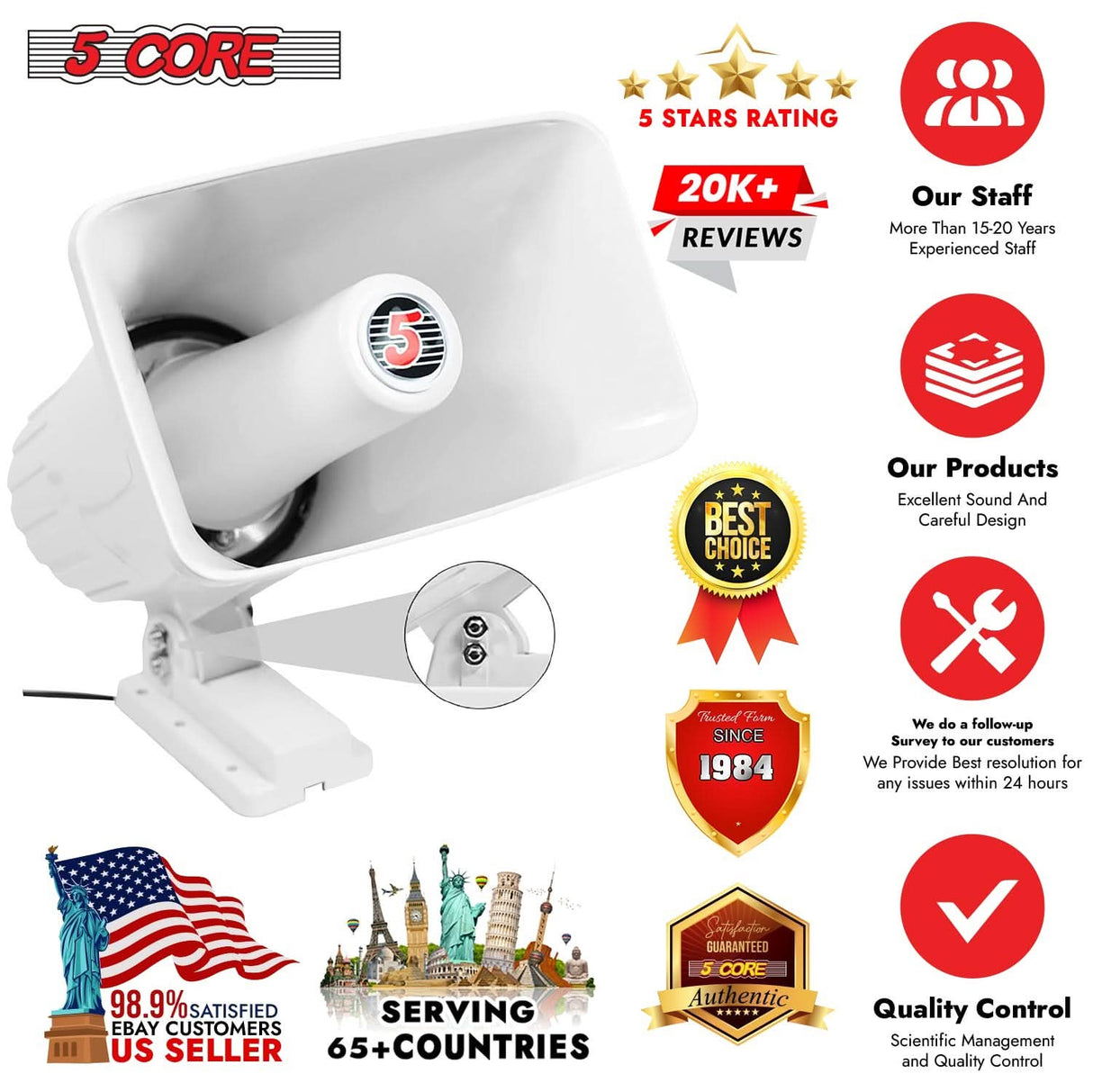 5 Core PA Speaker Pair 5 x 8" 65W Bull Horn Loud Audio Outdoor Speakers System 8Ohm Reflex Megaphone