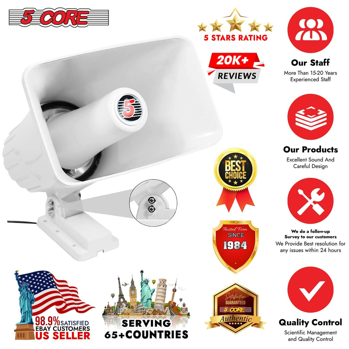 5 Core PA Speaker Pair 8 Inch 65W Bull Horn Loud Audio Outdoor Speakers System 8Ohm Reflex Megaphone