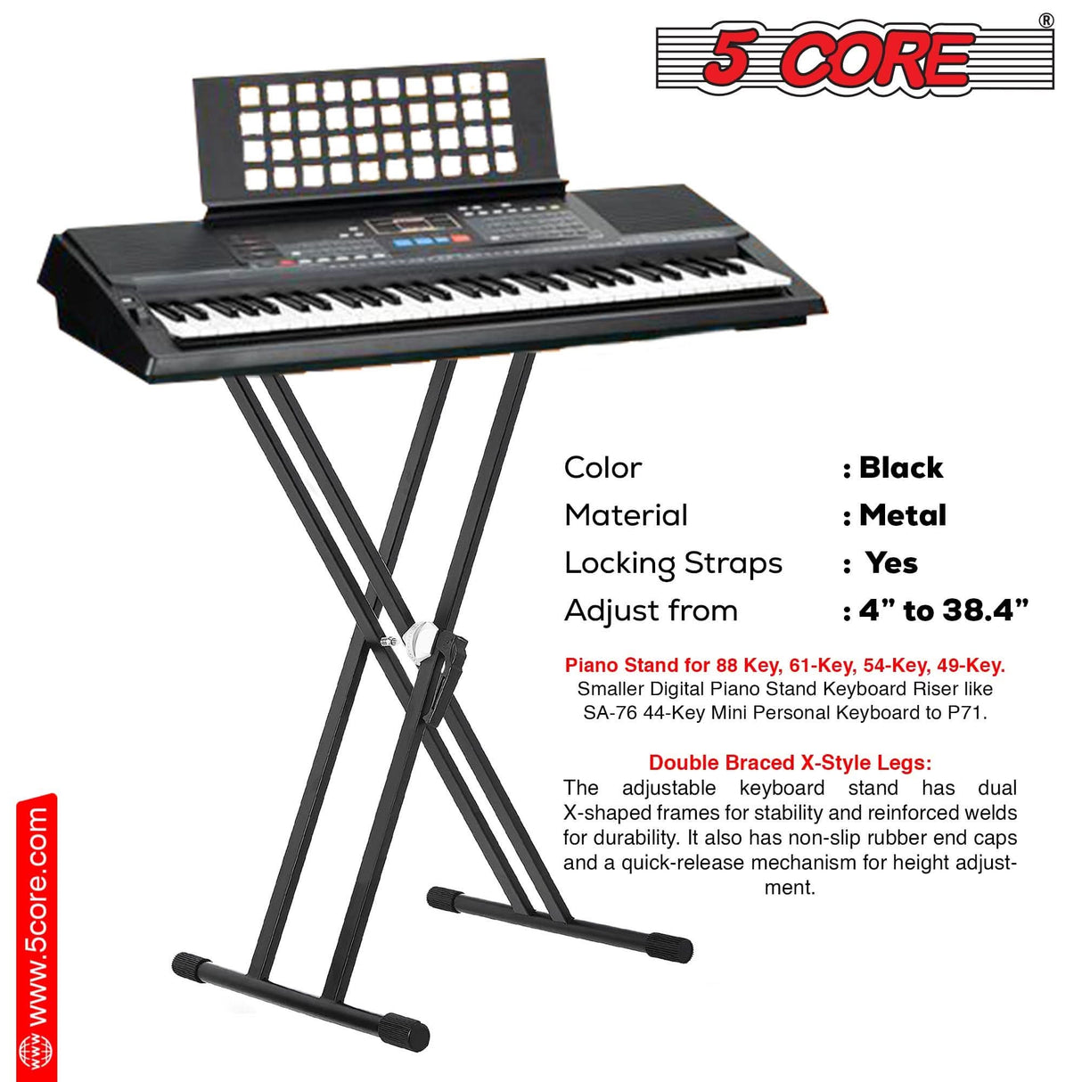 5Core 49 to 88 keys adjustable double X style keyboard riser stand with gear