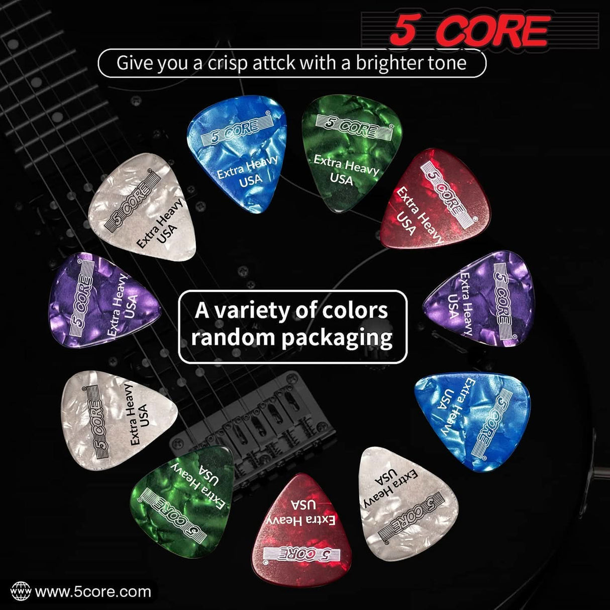 1.2mm thick red guitar picks by 5Core for precision and tone